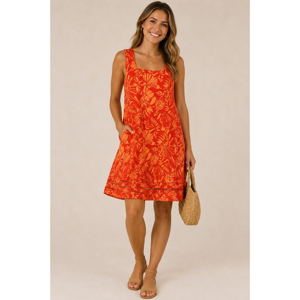 Nicole Miller Womens Orange Tropical Floral Linen Blend Shift Dress Size Small
